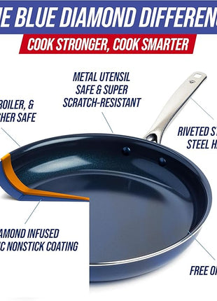 Blue Diamond 14" Nonstick Frying Pan Skillet, Diamond Infused PFAS & PTFE-Free Ceramic Pot, Dishwasher & Oven Safe, Stay Cool Handle, Durable Non Toxic Metal Utensil Safe, Family Jumbo Pan, Blue