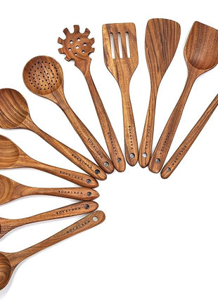 11 Pcs Wooden Kitchen Utensils Set - Wooden Spoons, Spatulas and More for Cooking