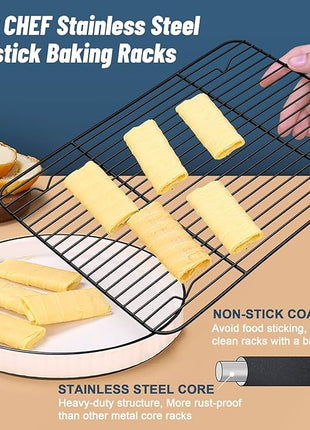 P&P CHEF Cooling Baking Rack Pack of 2, Stainless Steel Cooling Racks for Cooking Baking Roasting Grilling Drying, Dense Wires & Smooth Edge, Easy to clean, Black,11.6" x 9"