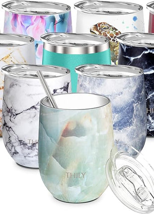 THILY Stemless Wine Tumbler Vacuum Insulated 12 oz Triple-Insulated Stainless Steel Wine Glass with Lid, Straw, Keep Cold for Coffee, Cocktails, Opal Marble