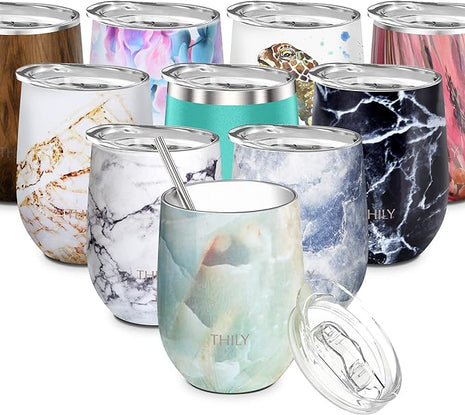 THILY Stemless Wine Tumbler Vacuum Insulated 12 oz Triple-Insulated Stainless Steel Wine Glass with Lid, Straw, Keep Cold for Coffee, Cocktails, Opal Marble