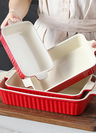 Bakeware Set of 4, MALACASA Porcelain Baking Pans Set for Oven, Casserole Dish, Ceramic Rectangular Baking Dish Lasagna Pans for Cooking Cake Pie Dinner Kitchen, Red (9.5"/11.25"/12.75"/14.5")