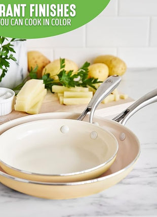 GreenLife Artisan Healthy Ceramic Nonstick, 8" and 10" Frying Pan Skillet Set, Stainless Steel Handle, Induction, PFAS-Free, Dishwasher Safe, Oven Safe, Yellow