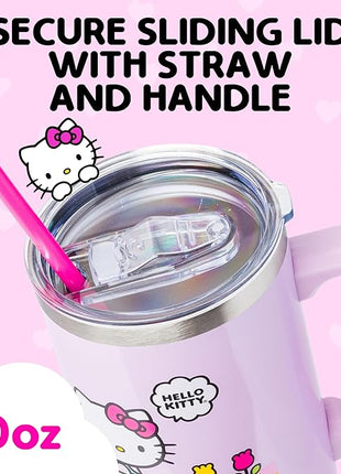 Silver Buffalo Sanrio Hello Kitty Spring and Summer Flowers Rainbow Stripes Stainless Steel Tumbler with Handle and Straw, Fits in Standard Cup Holder, 40 Ounces
