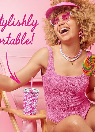 Dragon Glassware x Barbie 24 oz Insulated Stainless Steel Tumbler with Lid and 2 Straws - Travel Coffee Tumbler Cup to Keep Drinks Hot or Cold, Fits Cup Holders - Palm Trees