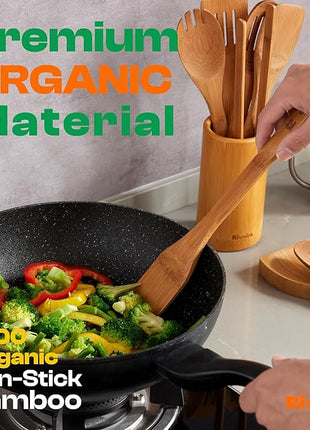 Riveira Dark Bamboo Wooden Spoons for Cooking 9-Piece with Holder, Apartment Essentials Wood Spatula Spoon Nonstick Kitchen Utensil Set Premium Quality Housewarming Gifts for Everyday Use