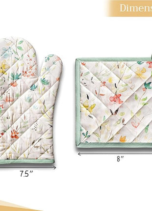 Maison d' Hermine 100% Cotton Oven Mitt & Pot Holder Set (7.5"x13" & 8"x8") Heat Resistant BBQ Cooking Gloves with Loop, Baking, Grilling, Kitchen, Handling Hot Pans Spring/Summer (Colmar)