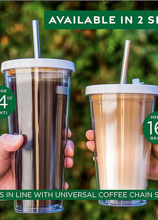 Reusable Iced Coffee Cup (24 Oz/Venti), Leak Proof and Double Wall Insulated Iced Coffee Tumbler, Come with Reusable Plastic and Metal Straws and Straw Cleaner - White