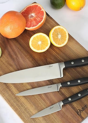 Oster Ginley 3 Piece High Carbon Stainless Steel Cutlery Set w/ABS Triple Riveted Forged Handle (Chef, Utility, Pairing Knife)