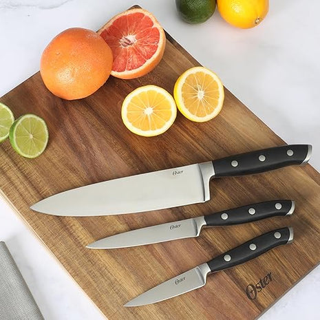 Oster Ginley 3 Piece High Carbon Stainless Steel Cutlery Set w/ABS Triple Riveted Forged Handle (Chef, Utility, Pairing Knife)