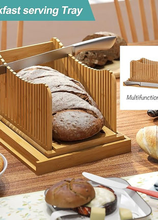 Large Bamboo Bread Slicer with Serrated Knife, Adjustable Bread Slicer Guide with 3 Thickness Size, Foldable Compact Chopping Cutting Board with Crumb Tray (Extra A - with Knife)