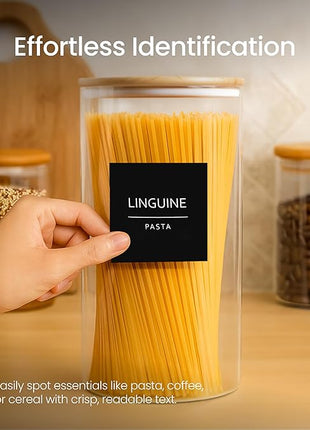 Talented Kitchen 144 Minimalist Pantry Labels – Preprinted White All-Caps on Matte Black Vinyl Stickers, Water-Resistant Adhesive Labels for Kitchen, Jars, Containers, Spices & Pantry Organization