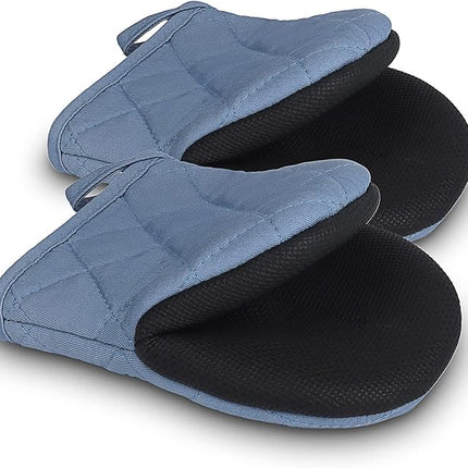 1 Pair Short Oven Mitts, Heat Resistant Silicone Kitchen Mini Oven Mitts for 500 Degrees, Non-Slip Grip Surfaces and Hanging Loop Gloves, Baking Grilling Barbecue Microwave Machine Washable (Sky Blue)