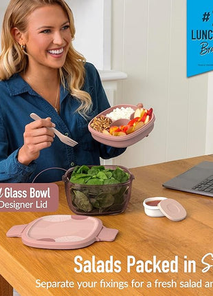 Bentgo Glass Prints All-in-One Salad Container - 61oz Tinted Glass Salad Bowl with Lid, Bento-Style Tray, Sauce Container, & Reusable Fork - Dishwasher & Microwave Safe (Mod Curve - Desert Rose)