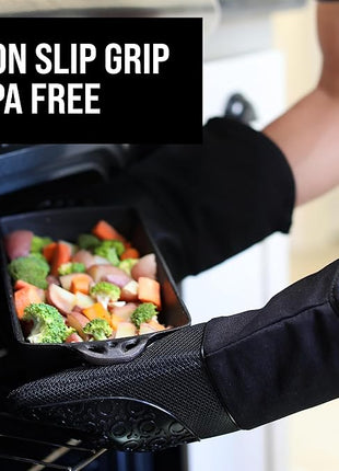 BPA-Free Silicone Oven Mitts Ultra Heat Resistant up to 500°F - Oven Mitts with Thick Cotton Liner - Long Slip Resistant Pot Holders, Flexible Oven Gloves - Black 13.7"
