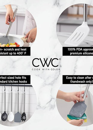 COOK WITH COLOR Silicone Cooking Utensils, Kitchen Utensil Set, Easy to Clean Silicone Kitchen Utensils, Cooking Utensils for Nonstick Cookware, Kitchen Gadgets Set, 5 Pieces, Black/White