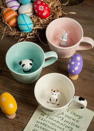 DIHOclub Rabbit Ceramic Cup Hidden 3D Animal Inside Mug,Cute Cartoon Bunny Handmade Figurine Mugs,Easter Gifts,12 OZ (Pink)