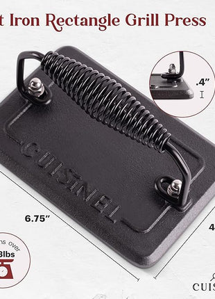 Cuisinel Cast Iron Grill Pan + Rectangular Cast Iron Grill Press + Tempered Glass Lid + Pan Scraper – Pre-Seasoned Ribbed Skillet – 10.5"-Inch Square Grilling Indoor/Outdoor Camping Fire BBQ Cookware