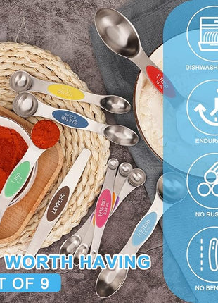 Aovchei 9 PCS Magnetic Measuring Spoons Set, Dual Sided, Stainless Steel Small Tablespoon, Teaspoons, Fits in Spice Jars, for Dry and Liquid, MultiColor