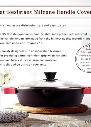 Cast Iron Skillet Set - 8"+10"+12"-Inch Dual Handle Frying Pans + Glass Lids + Silicone Handle Holder Covers - Pre-seasoned Oven Safe Cookware - Indoor/Outdoor Use - Grill, Stovetop, Induction Safe