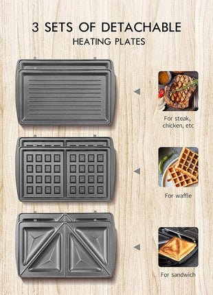 Yabano Sandwich Maker, 3 in 1 Waffle Maker, Toaster and Electric Panini Press Grill with Non-stick Coating Plate, Easy to Clean, Heating Up Fast