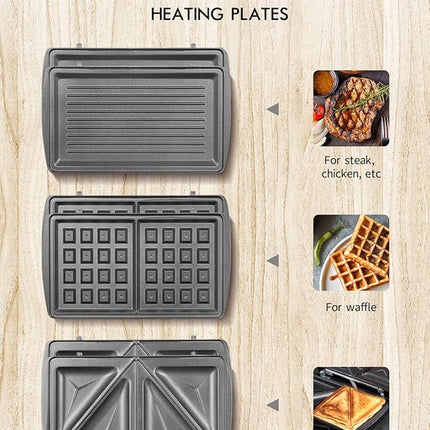 Yabano Sandwich Maker, 3 in 1 Waffle Maker, Toaster and Electric Panini Press Grill with Non-stick Coating Plate, Easy to Clean, Heating Up Fast