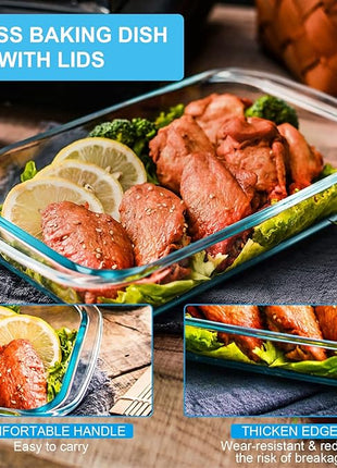 KOMUEE 8 Pieces Glass Baking Dish with Lids Rectangular Glass Baking Pan Bakeware Set with Lids, Baking Pans for Lasagna, Leftovers, Cooking, Kitchen, Fridge-to-Oven, Gray