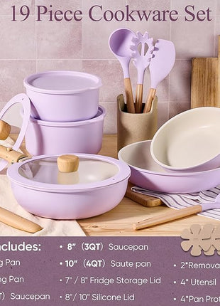 CAROTE Pots and Pans Set Non Stick, Cookware Sets, 19pcs Kitchen Set, Oven/Fridge Safe, Space Saving Pots Set, Nonstick Set with Versatile Removable/Detachable Handle, Induction RV Set, Purple