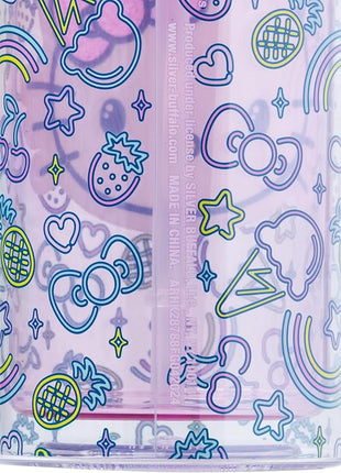 Silver Buffalo Sanrio Hello Kitty Neon Fruit Pattern Plastic Cold Cup with Lid and Straw, 20 Ounces
