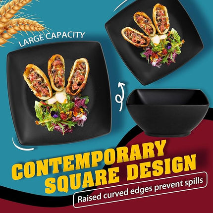 Teivio 32-piece Plastic Kitchen Wheat Straw Square Dinnerware Sets,Service for 8, Unbreakable Dinner Plates, Salad Plates, Snack Bowls, Mugs,Dishwasher Safe,Camping Dishes,Black