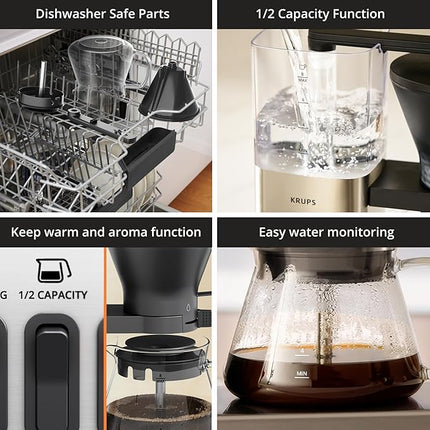 KRUPS Essential Brewer 8 Cup Drip Coffee Maker Machine, SCA-Certified, Blooming Technology, Barista-Quality, Pour Over Coffee Machine, Easy to Clean, Stainless Steel Design, Silver