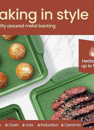 BAKKEN Kitchen Baking Pan Set - Nonstick Green Marble Coating, Carbon Steel Bakeware Sets with Green Silicone Handles, Kitchen Essentials, PFOA, PFOS, PTFE Free, Oven Safe (Up To 450° F), Set of 3