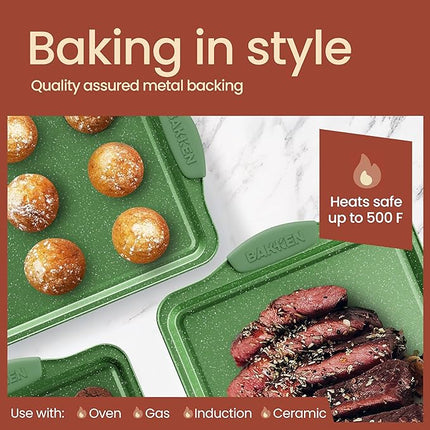 BAKKEN Kitchen Baking Pan Set - Nonstick Green Marble Coating, Carbon Steel Bakeware Sets with Green Silicone Handles, Kitchen Essentials, PFOA, PFOS, PTFE Free, Oven Safe (Up To 450° F), Set of 3