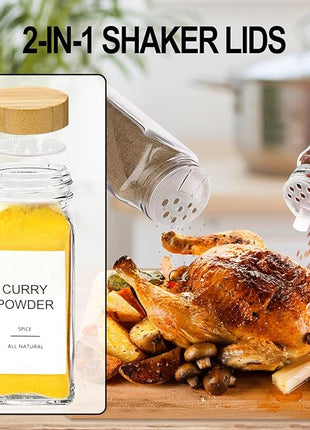 AISIPRIN Glass Spice Jars with 398 Labels, 24 pcs 4oz Spice Containers with Bamboo Lids, Square Spice Bottles With Shaker Lids,Spice Organization for Cabinet,Drawer,Rack,Seasoning Organizer