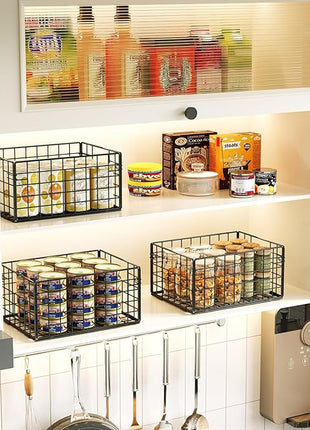 X-cosrack Metal Wire Basket Organizers Foldable & Wall Mounted Freezer Organizer Bins with Handles 4 Pack- Extra Large Mesh Bin for Pantry Organization Kitchen Laundry Closet Garage Patent Design