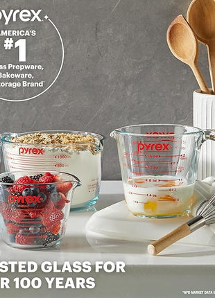Pyrex Essentials (3-Pack) Glass Measuring Cups Set, (1, 2 & 4 Cup) Measuring Cups For Prepping, Baking and Cooking, Preheated Oven, Dishwasher, Freezer, and Microwave Safe