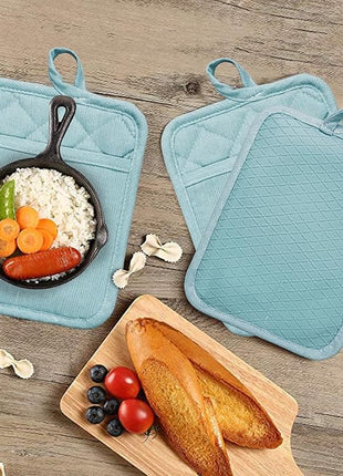 Pot Holders Yarn-Dyed Set of 3 Non Slip Silicone Kitchen Lines Heat Resistant 500℉ Kitchen Gloves BBQ Cooking Baking Cooking Barbecue Microwave Machine Washable (Light Blue Potholders)