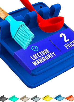 Blue Silicone Spoon Rest for Stove Top with Drip Pad (Two Pack) - Heat Resistant BPA Free Utensil Rest & Spoon Holder for Kitchen Counter - Grill Utensil Holder - Spatula Holder, Tongs, Ladle