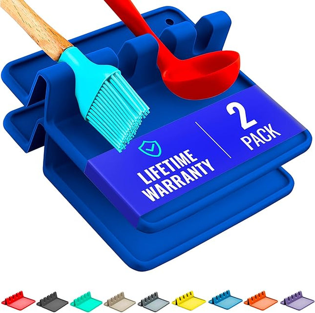Blue Silicone Spoon Rest for Stove Top with Drip Pad (Two Pack) - Heat Resistant BPA Free Utensil Rest & Spoon Holder for Kitchen Counter - Grill Utensil Holder - Spatula Holder, Tongs, Ladle