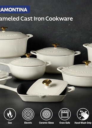 Tramontina Bestow Enameled Cast Iron Oval Dutch Oven Pot with Lid, Large 7-quart, Latte (Gold Knob)