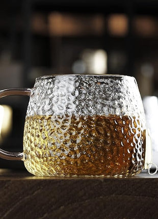 LUXU Hammered Tea Cups,Glass Coffee Mugs,Set of 6 Coffee Cups with Different Color Handles-15 oz,Prefect for Cappuccino,Latte,Water,Mocha,Milk,Widely Used for Cafes,Home and Office