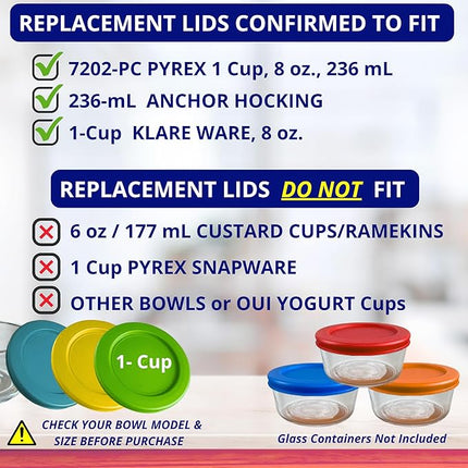 1, 2, 4 & 7 Cup Green, Orange, Yellow, Blue Replacement Lids/Covers for Pyrex, Anchor Hocking & KlareWare Storage Bowls *Lids Only Glass Container Not Included* (4 Pack *One of Each Size*)