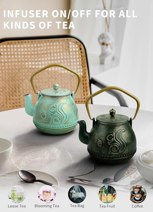 Toptier Teapot with Removable Infuser, Cast Iron Tea Kettle Stovetop Safe, Squirrel Design Tea Pot Coated with Enameled Interior for 32 Ounce (950 ml), Aqua
