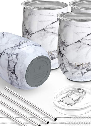 THILY Stainless Steel Stemless Wine Tumbler 4 Pack Vacuum Insulated Travel Wine Glasses Set with Sliding Lids and Straws, Keep Cold for Juice, Cocktails, Beer, Party, Christmas Gift, White Marble