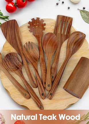 comfoyar Teak Wooden Spoons for Cooking, 9 Pieces Kitchen Cooking Utenails Set with Holder and Ladle, Heat Resistant Kitchen Cookware for Nonstick Pan