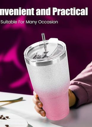 D·S 30 oz Tumbler Pink Glitter Gradient Cup Stainless Steel Double Wall Vacuum Insulated Mug with Straw and Lid, Cleaning Brush for Cold and Hot Beverages