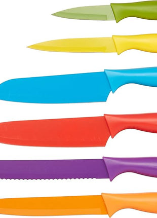 Amazon Basics Color-Coded Dishwasher Safe Kitchen 12-Piece Knife Set, 6 Knives with 6 Blade Guards, Multicolor, 13.88 x 4.13 x 1.38 inch