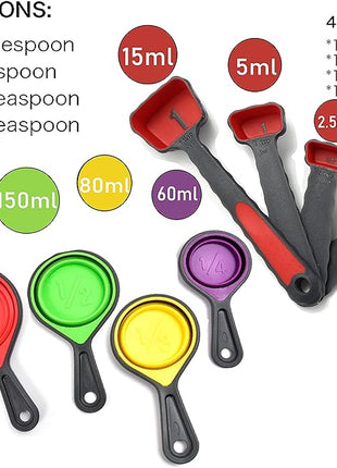 Collapsible Silicone Soft Measuring Cups and Measuring Spoons,8 pieces Portable Food Grade Silicone Measurement Cup for Liquid & Dry Measuring Baking & Travel Measuring Cup，space saver (Purple)