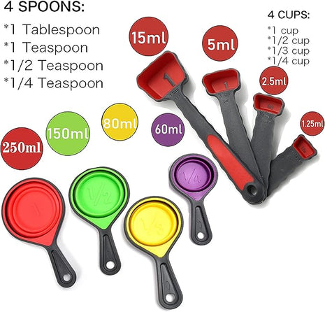 Collapsible Silicone Soft Measuring Cups and Measuring Spoons,8 pieces Portable Food Grade Silicone Measurement Cup for Liquid & Dry Measuring Baking & Travel Measuring Cup，space saver (Purple)