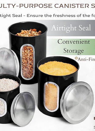 Moss & Stone 3-Piece Black Canisters Sets For The Kitchen, Airtight Canister Set With See Through Window, Storage Jars for Coffee Container, Tea Organizer & Sugar Canister, Black Kitchen Canisters